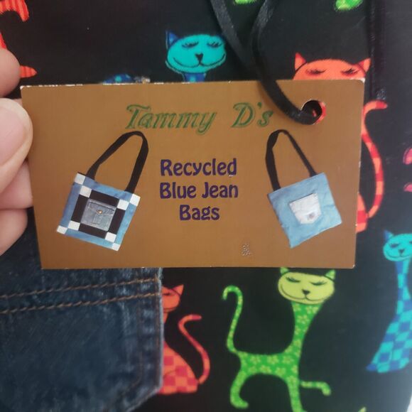Tammy D's Recycled Blue Jean Denim Rainbow‎ Cat Tote Bag - Picture 3 of 9